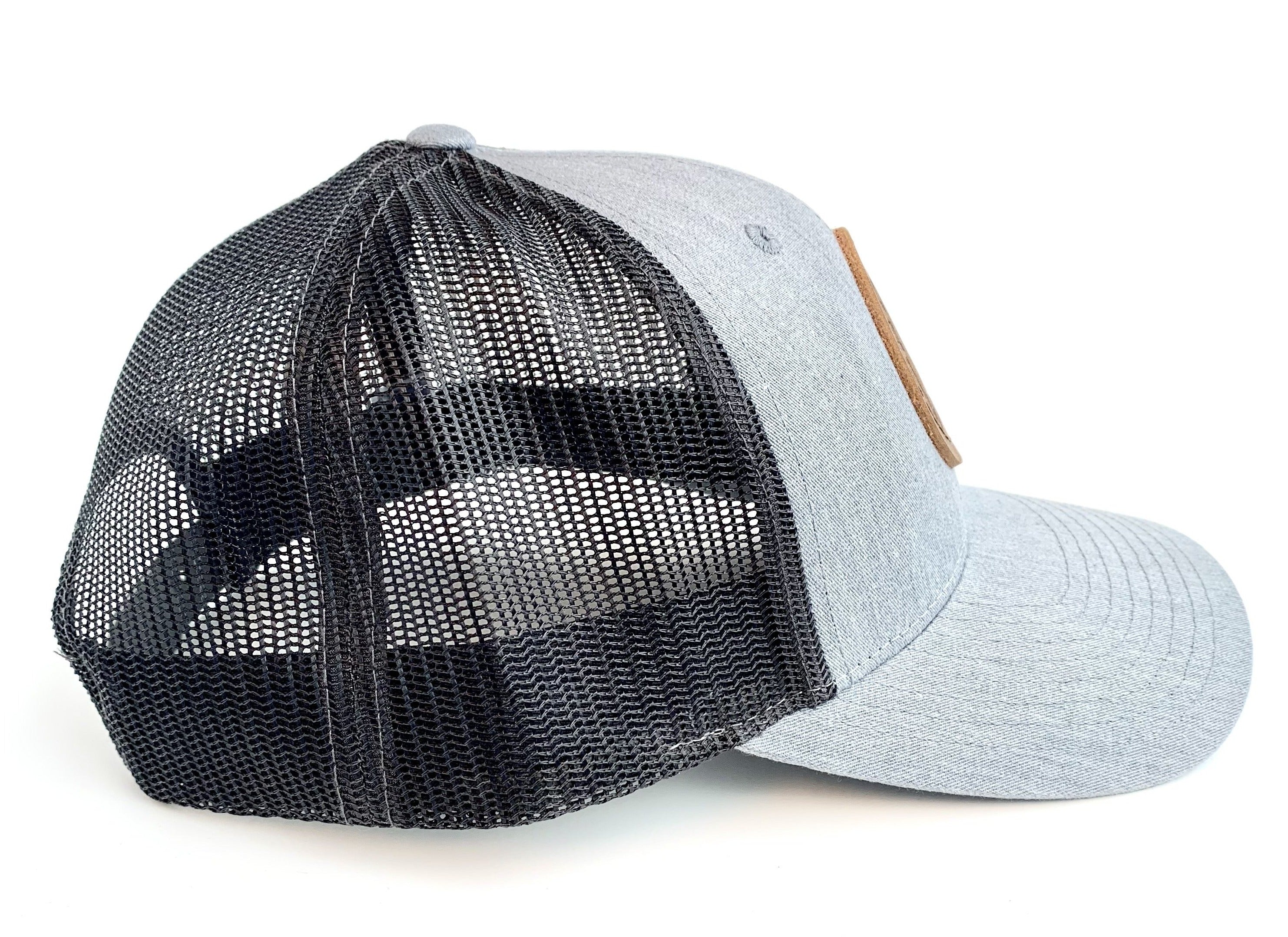 TOP SELLER!   Leather Patch Trucker Cap - Grey With Black Mesh