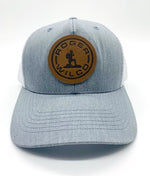 Load image into Gallery viewer, Heather/White Trucker Hat with Captain Mike Leather Patch
