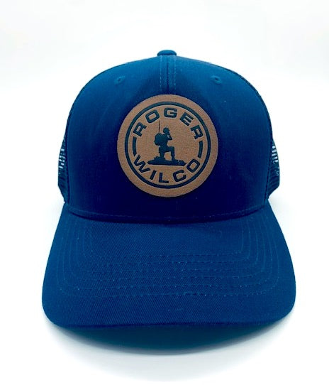 NEW!  Navy Trucker Hat with Captain Mike Leather Patch